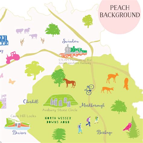 Illustrated hand drawn Map of Wiltshire by UK artist Holly Francesca.