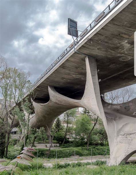 the underside of an overpass in a park