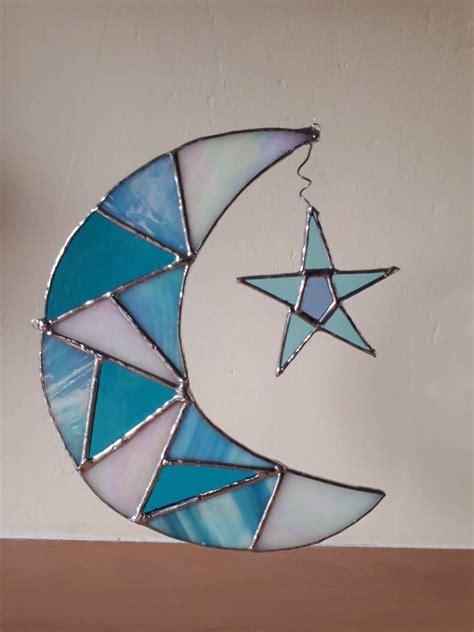 Stained glass moon star celestial suncatcher blue moon sun | Etsy ...