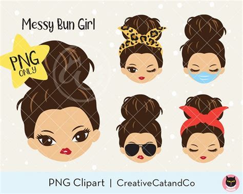 Cute Messy Bun Girl PNG Clipart Woman Face With Messy Bun Hair - Etsy