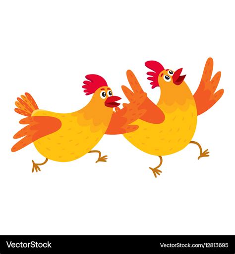 Two funny cartoon orange chickens hens rushing Vector Image