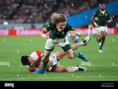 South Africa's Faf de Klerk scores his side's second try during the 2019 Rugby World Cup Quarter ...