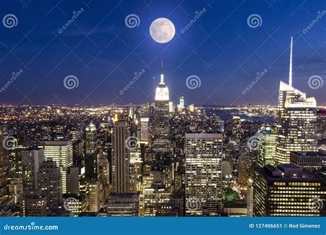 Aerial View of Night Skyline in Manhattan during Full Moon Stock Image ...