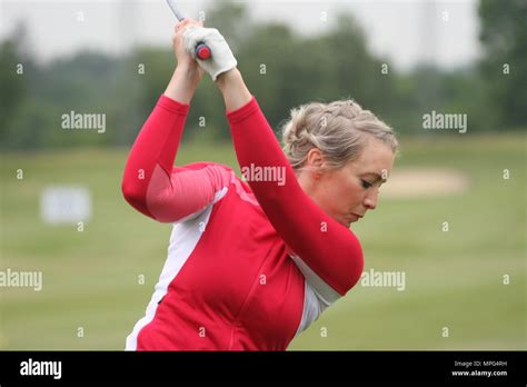 Wentworth, Surrey, UK., 23rd May, 2018 Georgie Bingham TalkSport presenter drives on the first ...