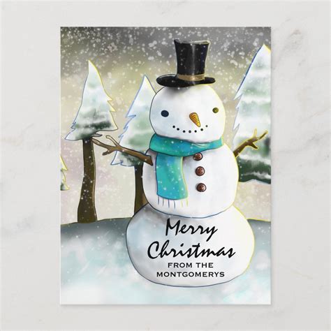 Whimsical Snowman Winter Scene Christmas Holiday Postcard | Zazzle