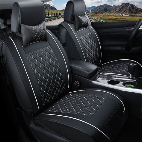 Double PU Leather Car Front Seat Cover with Pillow Universal for Five Seats Car Black and White ...