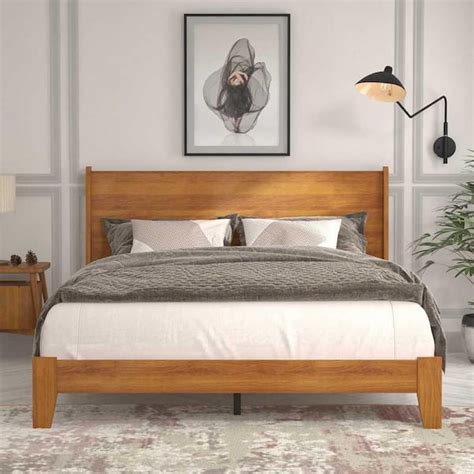 GALANO Abby Retro Amber Walnut Wood Frame Queen Platform Bed With ...