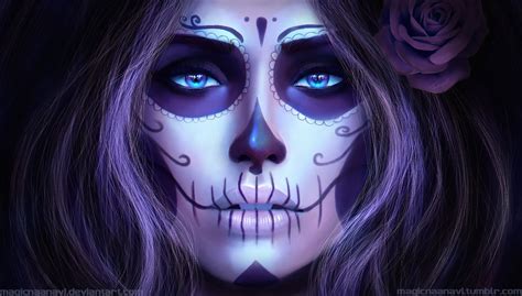 a woman with blue eyes and purple makeup is wearing a skeleton make up ...