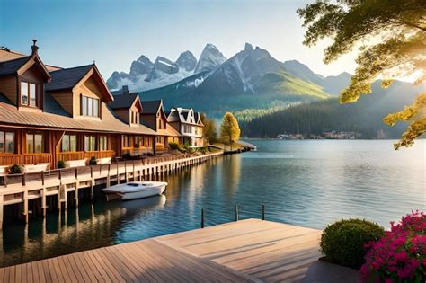 Premium Photo | A house by the lake with a boat on the dock