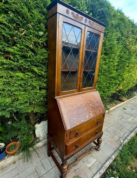 Antique vintage oak writing bureau bookcase / display cabinet | eBay