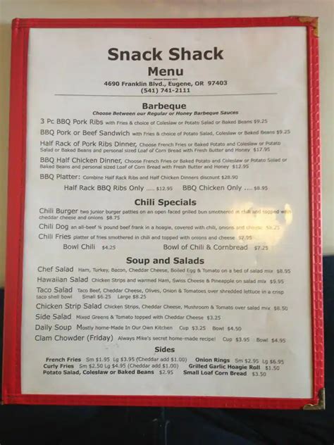 Snack Shack Menu, Menu for Snack Shack, Eugene, Eugene - Urbanspoon/Zomato