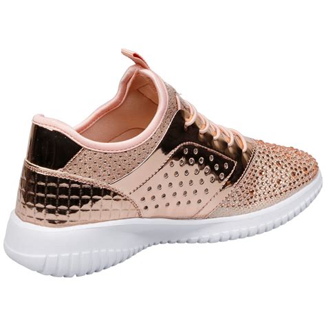 WOMENS SHOES LADIES TRAINERS SNEAKERS DIAMANTE METALLIC SPORTS FITNESS ...