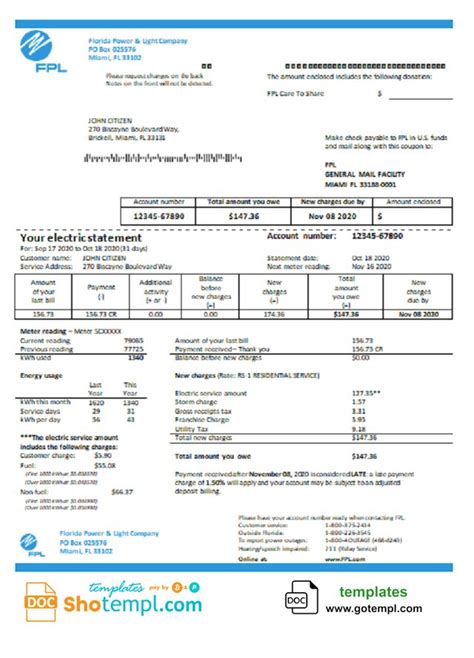 USA Florida Power & Light Company (FPL) electricity utility bill | Bill template, Utility bill ...