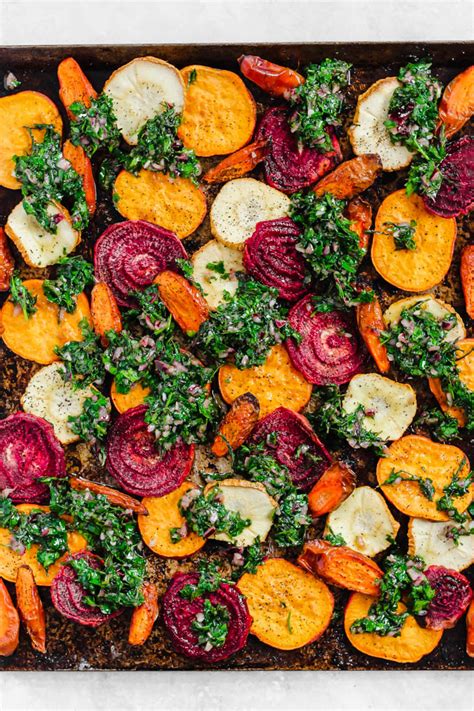 Roasted Root Vegetables with Carrot Top Chimichurri – Emilie Eats