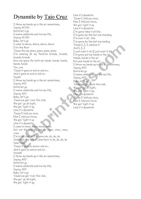 Tao Cruz_Dynamite song with lyrics - ESL worksheet by Entropy