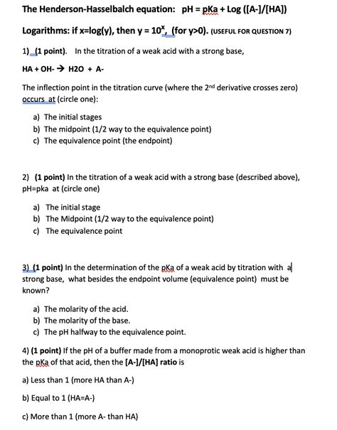 Solved The Henderson-Hasselbalch equation: pH = pka + Log | Chegg.com