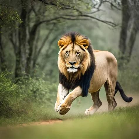 Lion running for hunting before deer, cinematic phot...