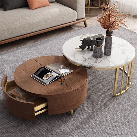 Modern White & Walnut Round Coffee Table with Storage Wood Rotating Marble Nesting Coffee Table ...