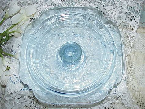 Blue Depression Glass Pedestal Cake Plate Madrid pattern | Etsy