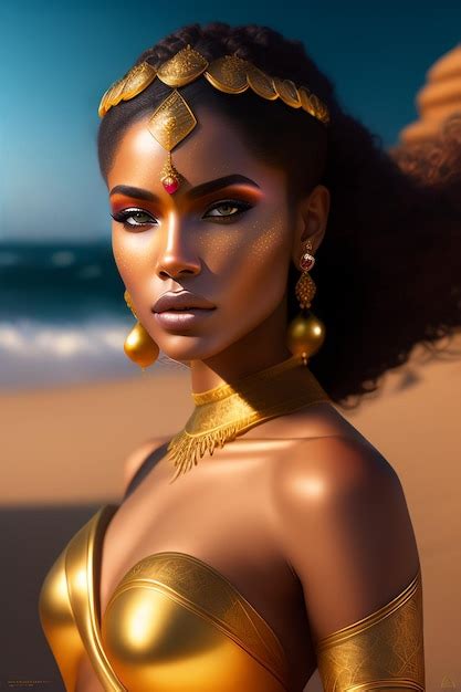 Premium AI Image | A woman with a golden headdress and gold jewelry stands on a beach.