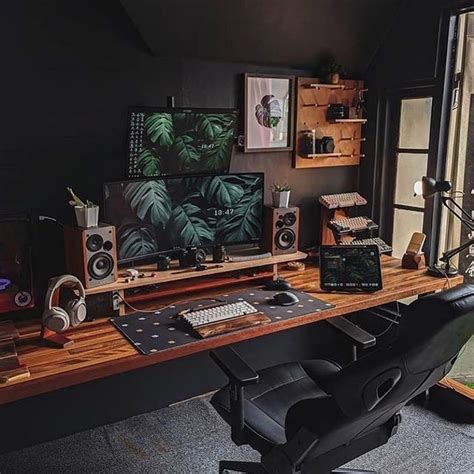 Dark Wood Home Office Desk Setup