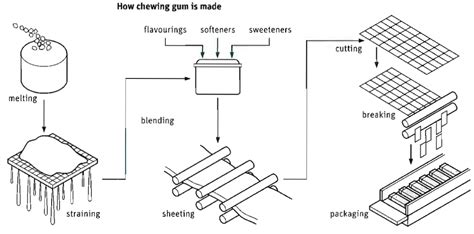 The production stages of chewing gum are illustrated by the process flow diagram.