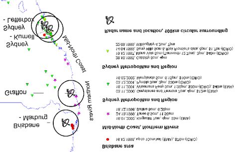Map of coastal New South Wales and southern Queensland with Radar and ...