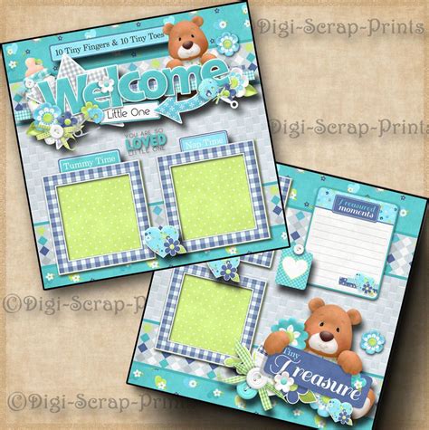 WELCOME BABY BOY 2 premade scrapbook pages paper piecing layout DIGISCRAP #A0050 | Boy scrapbook ...