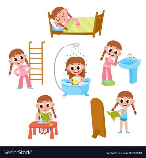 Daily morning routine set cartoon little girl Vector Image | Morning routine kids, Daily routine ...