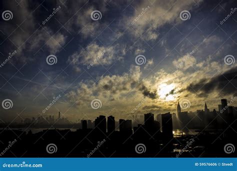 Smokey Manhattan NYC Skyline at Sunset from Queens Stock Photo - Image ...