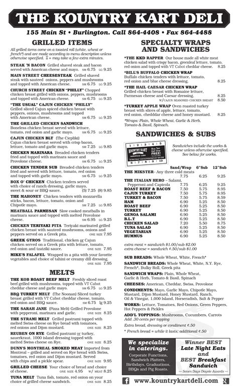 Kountry Kart Deli menu in Burlington, Vermont, USA