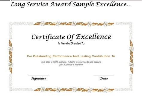 an award certificate with the words, long service sample excellence in ...