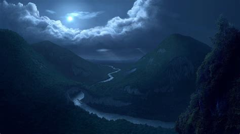 Nature Reflection Night Rivers Landscapes Valley Mountains Sky Woods Trees Clouds Forest Moon ...