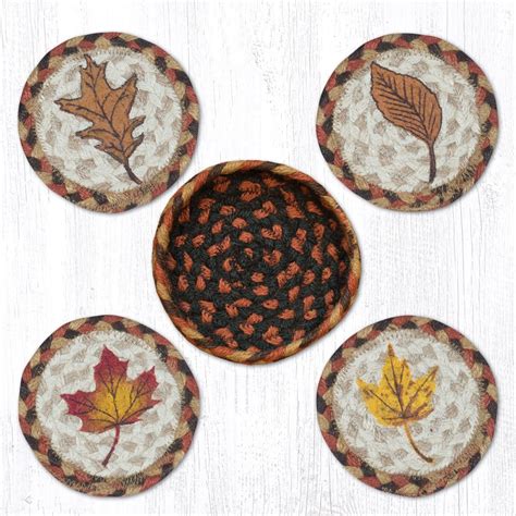 Fall Harvest Leaf Braided Coasters in a Basket 5"x5" Set of 4 by Earth Rugs