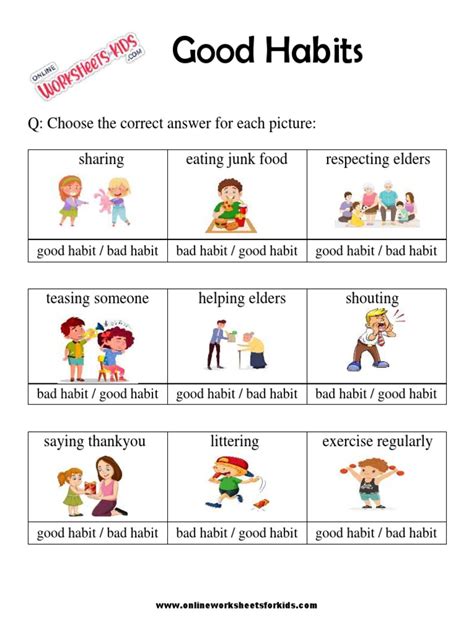 Good Habits Vs Bad Habits Worksheet For Grade 1-8 | PDF