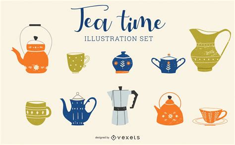 Tea Time Cartoon Illustration Set Vector Download