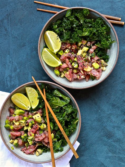 Hawaiian-Inspired Tuna Poke and Sesame Kale Salad Bowls - The Defined ...