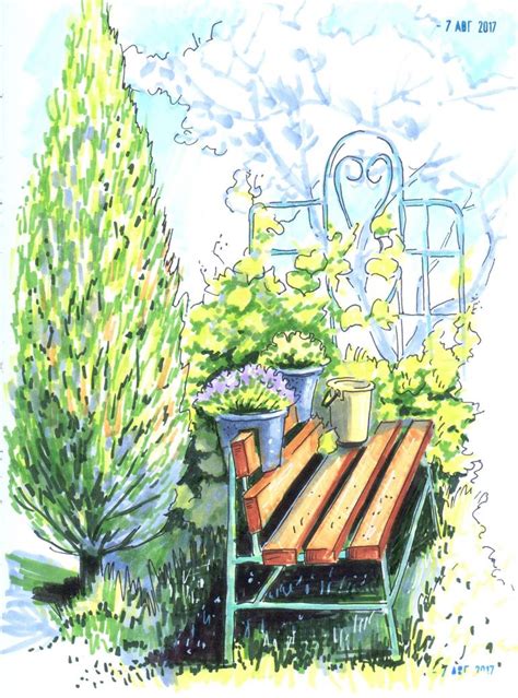 Sketch the bench in the garden with flowers Drawing by Olga Usova | Saatchi Art