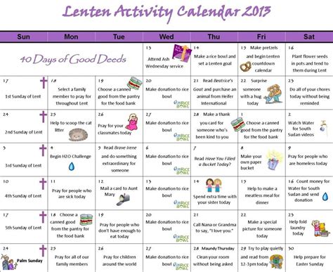 Lenten Activity Calendar 2013 | Catholic Crafts General | Pinterest | Lenten, Activities and Lent