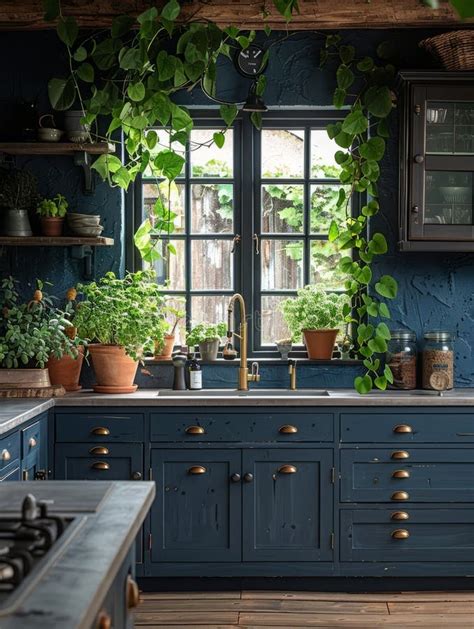 Dark Blue Kitchen Interior with Window Wooden Ceiling Beams and Lots of Plants Stock Image ...