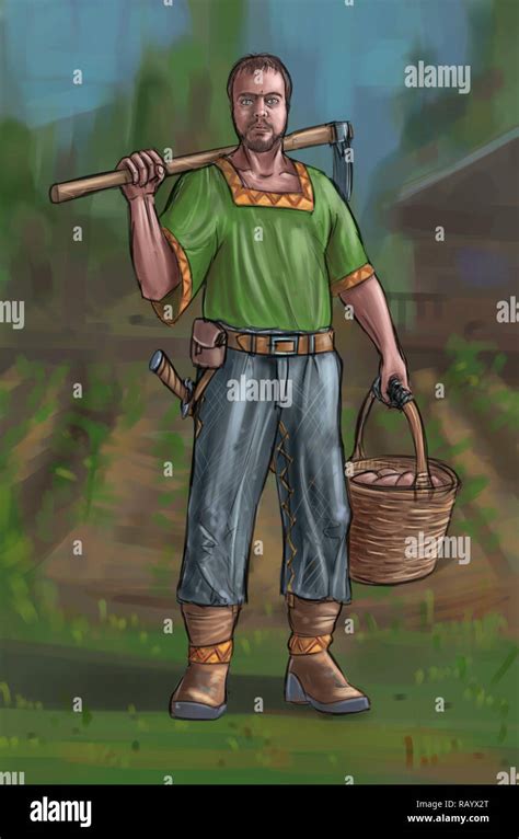 Concept Art Fantasy Illustration of Villager, Countryman, Farmer or Village Man With Hoe and ...