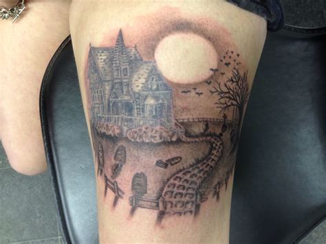 Black grey white graveyard bats haunted house tattoo Haunted House Tattoo, Home Tattoo, Black ...