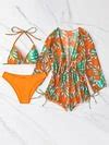 Three-piece bikini leaf print waist lace up long-sleeved beach ...