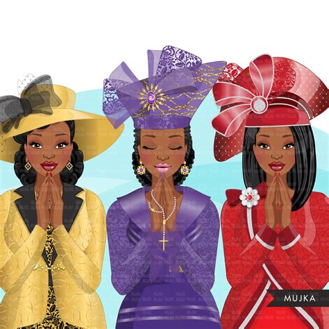 Church ladies clipart, 3 praying sisters sublimation designs, black wo ...