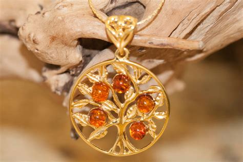 Amber & Gold. Tree of Life Baltic amber pendant, gold necklace. Perfect gift for her. Gold ...