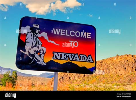 Nevada, welcome sign at the border of the 36th US state, Nevada, USA ...