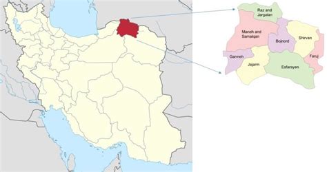 Map of Iran showing North Khorasan Province and its counties North ...