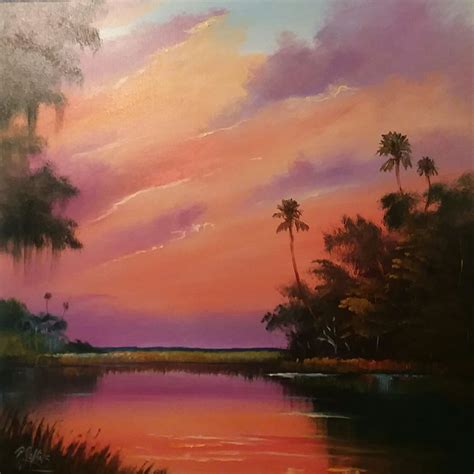 FLORIDA EVERGLADES SUNSET OIL PAINTING 20X20 CANVAS FLORIDA ARTIST Pat Rollins #Realism ...