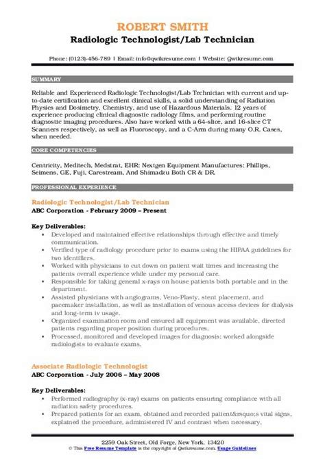 Radiologic Technologist Resume Samples | QwikResume