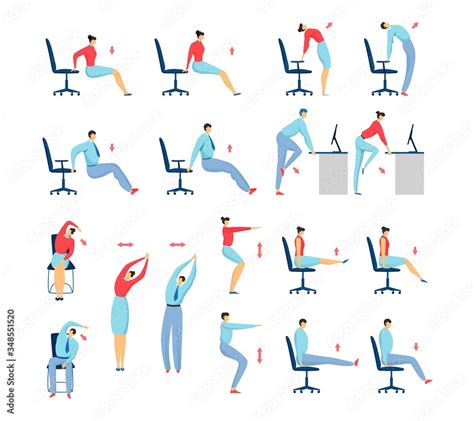 Office stretching exercises people set of isolated vector illustration ...